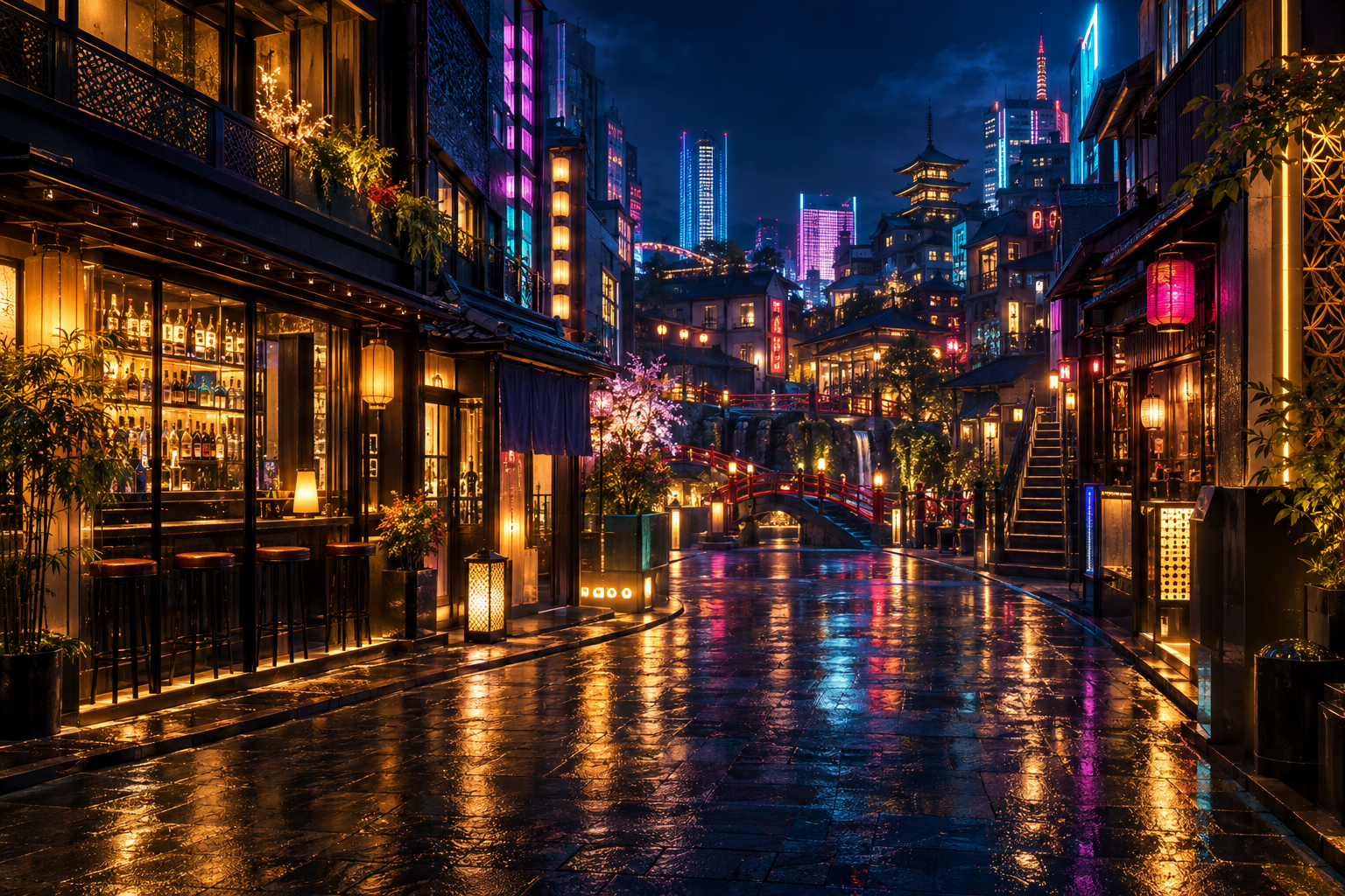 Illustrative fictional nightlife district