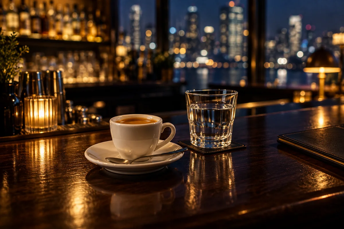 バーでコーヒーを飲みたいときの確認を表現したAI生成イメージ（架空の風景）