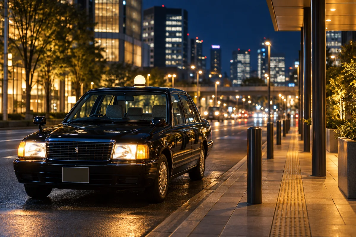 夜にタクシーで帰る準備を表現したAI生成イメージ（架空の風景）