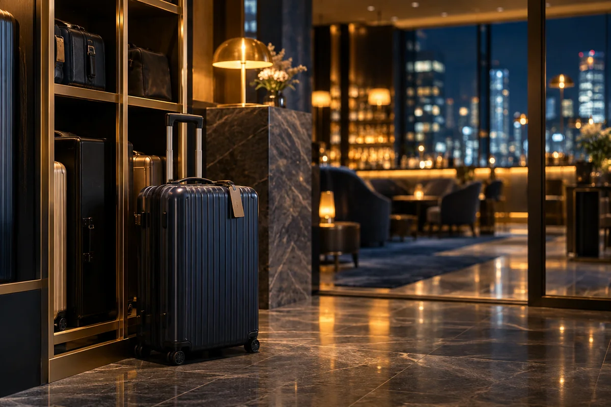 旅行の大きな荷物を持ってバーへ行く前に確認したいことを表現したAI生成イメージ（架空の風景）